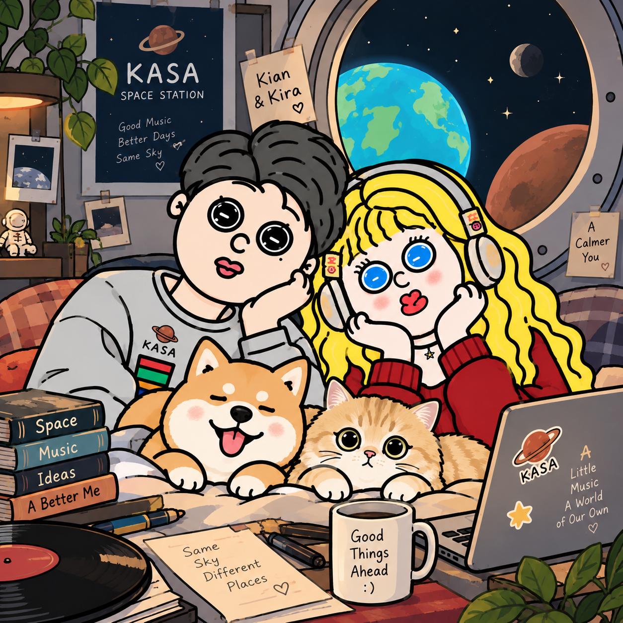 Kian & Kira artist portrait — original illustrated characters with their pets at KASA Space Station